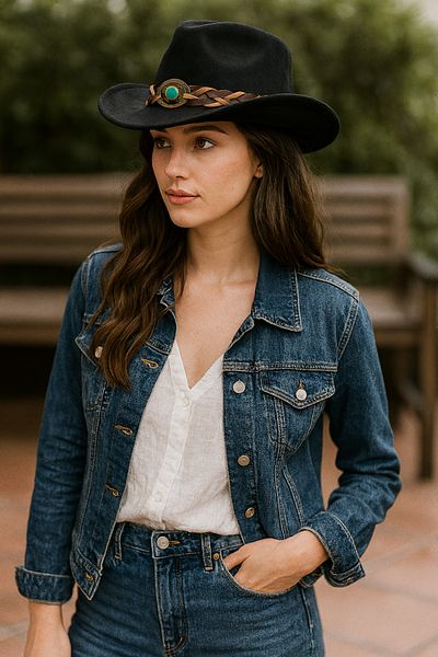 LAGRANZE Women's Turquoise Stone Stamped Cowboy Hat with Knitted Band