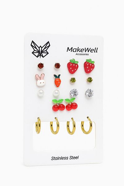 MakeWell Set of 9 Earrings with Zircon Pearl and Steel Hoop Earrings with Strawberry Cherry Carrot and Rabbit Design