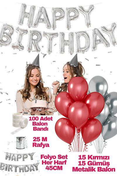 Baloncu Dede Happy Birthday Birthday Set Red Gray Balloon Set Women Men Girls Children Party Ornaments