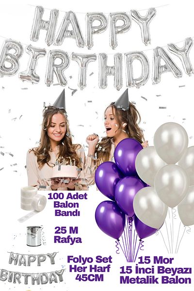 Baloncu Dede Happy Birthday Birthday Set Purple White Balloon Set Women Men Girls Children Party Ornaments
