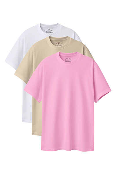 Velvoria Unisex supradimensionat basic 3buc Alb Bej Roz Culoare tricou