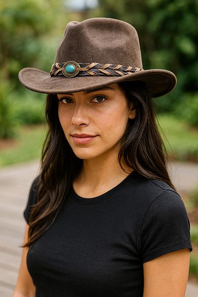 LAGRANZE Women's Turquoise Stone Stamped Cowboy Hat with Knitted Band