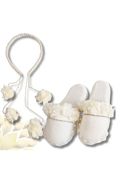 pegu baby collection Maternity Slippers and Pearl Crown Set with Chain Earrings, Bridal Kina Engagement Slippers
