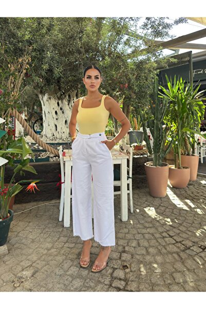 Butik YÜKSEK BEL ÖN ÇIT ÇITLI KADIN KETEN PANTOLON