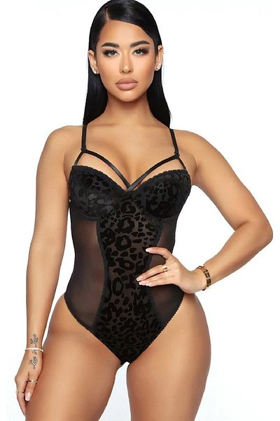 Qvien Secret Μαύρο λεοπάρ μοτίβο με λουράκι Bady Badysuir Babydoll