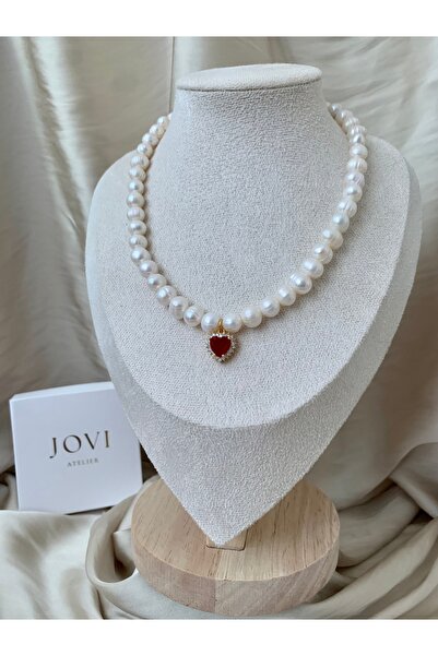 JOVİ ATELİER Doğal 8mm İnci Kolye Çelik Aparat Kırmızı Zirkon Kalp Charm