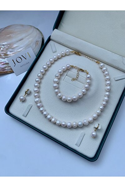 JOVİ ATELİER Sertifikalı Doğal 10mm İnci Kolye Bileklik Küpe Set Çelik Aparat Gelin Düğün Nişan