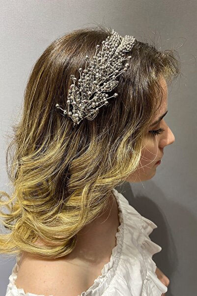 Hayalperest boncuk Dark Gray Leaf Model Beaded Hair and Turban Accessory