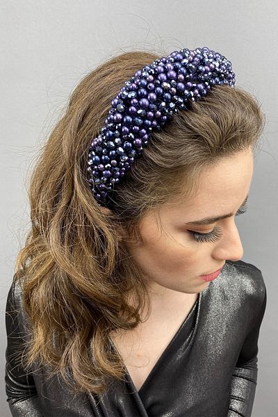 Hayalperest boncuk Navy Blue Purple Leal Curved Crystal and Pearl Bridal Hair Accessory