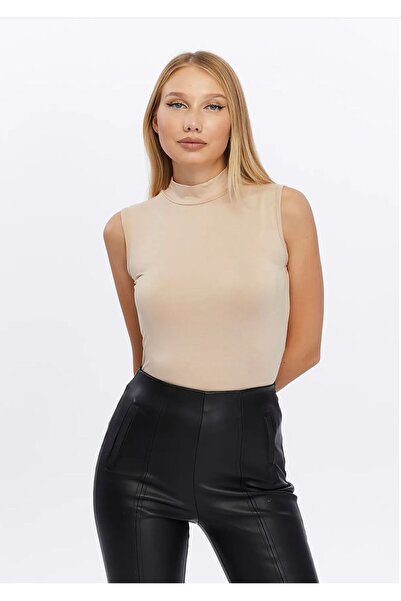 nexora wear Kadın Şık Günlük Giyim Bej Yarım Balıkçı Yaka Kolsuz Örme Atlet 1...