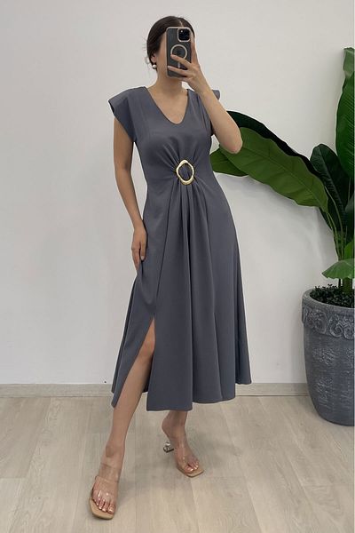 Nazline Women's Padded V-Neck Midiboy Dress with Buckle on the Front