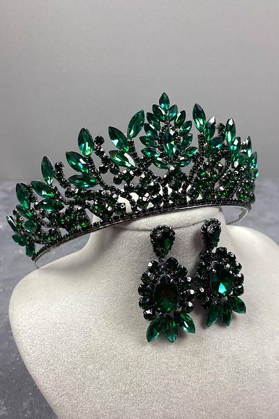 Hayalperest boncuk Green Danver Stone Bridal Henna Crown and Evening Dress Earring Set
