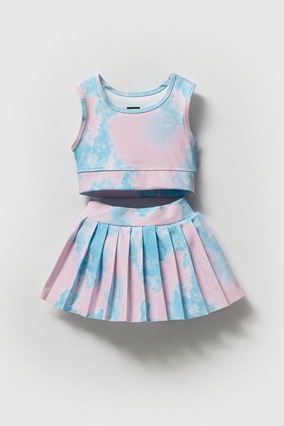 Magu Girls Cotton Pink Blue Cloud Patterned Sports Skirt Suit - Crop Top and Pleated Skirt