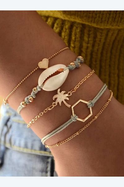 Chiccy Light Gray Drawstring Seashell Geometric Pattern Bracelet Set