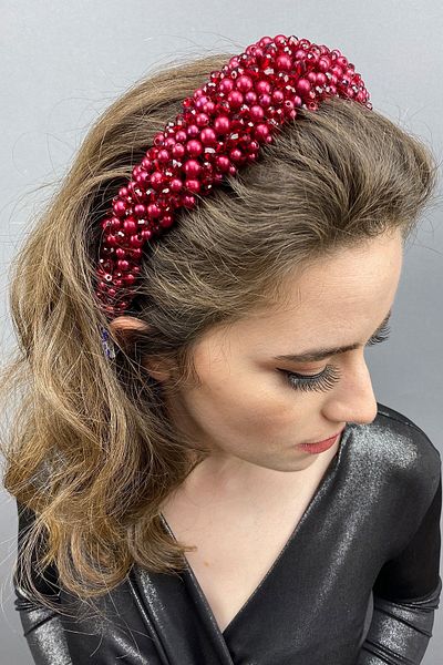 Hayalperest boncuk Dark Red Leal Curved Crystal and Pearl Bridal Hair Accessory