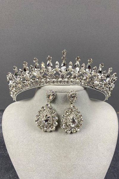 Hayalperest boncuk Silver Pedro Stone Bridal Henna Crown and Earrings Set