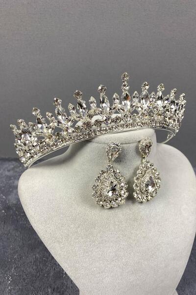 Hayalperest boncuk Silver Pedro Stone Bridal Henna Crown and Earrings Set