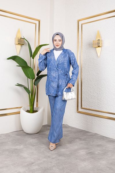 Viskosa Floral Print Kimono and Pants Set - V-Neck Long Sleeve Jacket & Loose Fit Pants