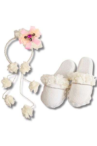 pegu baby collection Maternity Crystal Stone Design Slippers and Chain Earrings Model Crown Set with Pearls, Bride