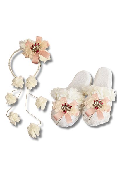 pegu baby collection Maternity Crystal Stone Design Slippers and Chain Earrings Model Crown Set with Pearls, Bride