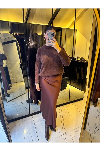 FA Butiq Women's Brown Satin Flared Long Skirt