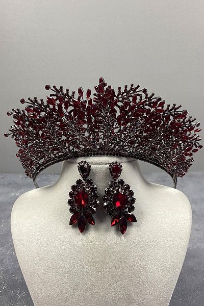 Hayalperest boncuk Burgundy Nairobi Bead Embroidered Bridal Henna Crown and Shuttlecock Earring Set