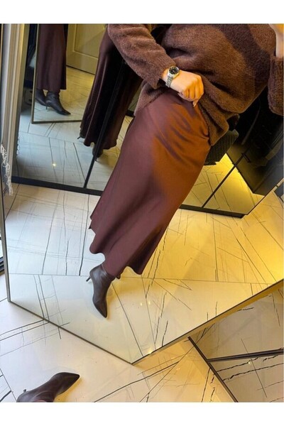FA Butiq Women's Brown Satin Flared Long Skirt