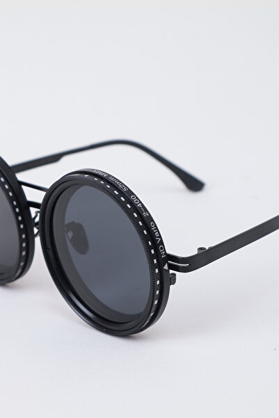 Kapin Ayarlanabilir Renk Tonu Karartmalı ND filtreli Yuvarlak Güneş Gözlüğü - Polarize Siyah Cam