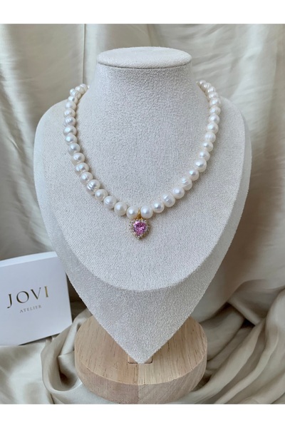 JOVİ ATELİER Doğal 8mm İnci Kolye Çelik Aparat Pembe Zirkon Kalp Charm
