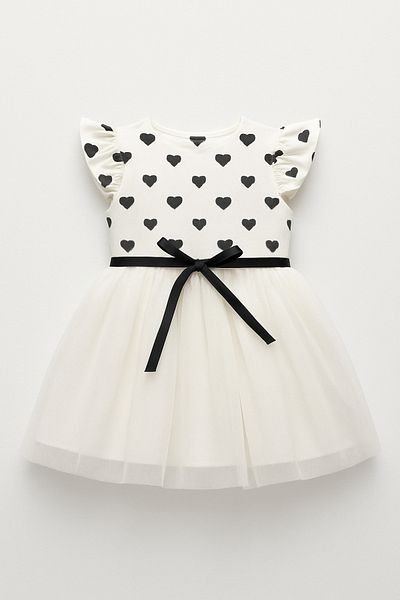 Magu Girls' Cotton Ecru Heart Patterned Bow Tulle Dress - Stylish Design for Special Occasions