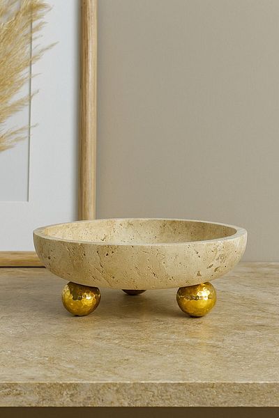 Modestmar Ivory Travertine Footed Bowl, Travertine Gold Ball Footed Bowl, Travertine Plate 26cm