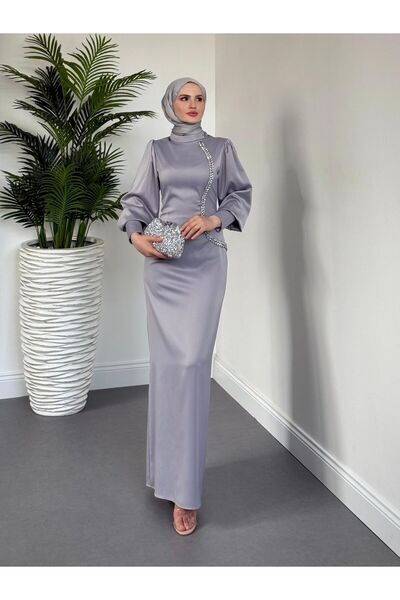 diloxe Tasarım Taşlı Saten Maxi Boy Abiye Elbise