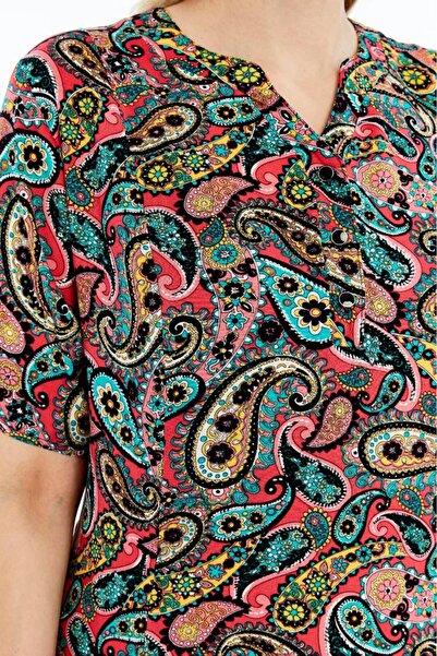 LİKAPA Colorful Pink Shawl Pattern Short Sleeve Viscose Summer Mother Dress