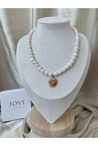 JOVİ ATELİER Sertifikalı Doğal 8mm İnci Kolye Çelik Kalp Charm