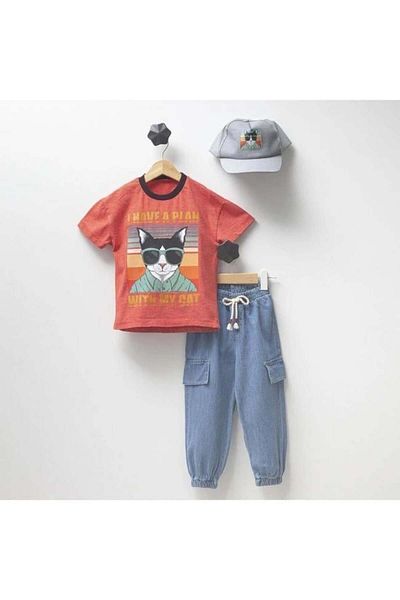 Magu Boys' Cotton Red Cat Printed T-Shirt and Jeans Set - Hat Detail
