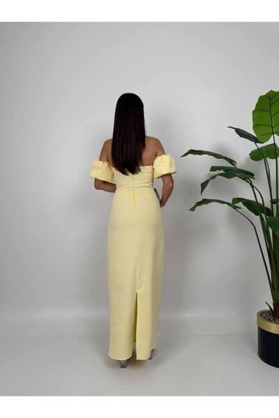 zoezoe TAK ÇIKAR KOL VE TAŞ. DETAYLI YIRTMAÇLI STRAPLEZ UZUN ABİYE