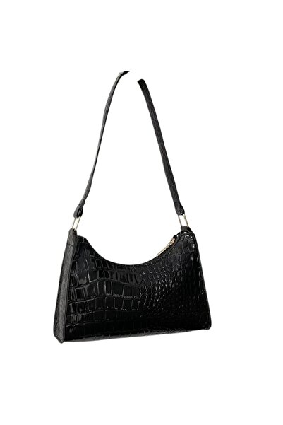 OEM Μικρή τσάντα μπαγκέτα με κροκοδειλόδερμο / γυαλιστερή - Μαύρη