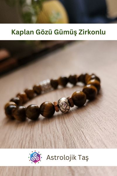 Astrolojik Doğal Taş Tiger Eye Natural Stone Bracelet (Silver Color Round Charm)