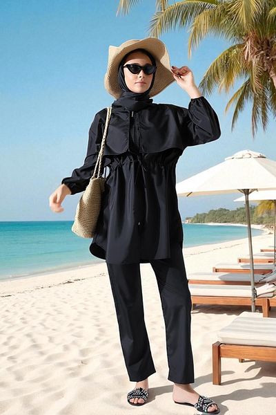 Aselim Hijap Moda 3-Piece Black Hijab Swimsuit Set – Shawl, Tunic and Pants |   Quick Dry |   Size 38-44