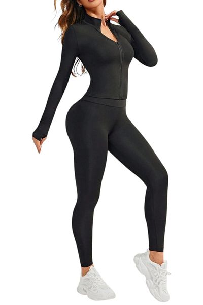 OEM 2 Piece Sports Set, Zipper Jacket and Leggings, Simple and Elegant Design, Black