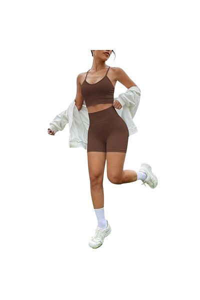 OEM 2 Piece Fitness Set, Backless Top, Push Up Leggings, Brown