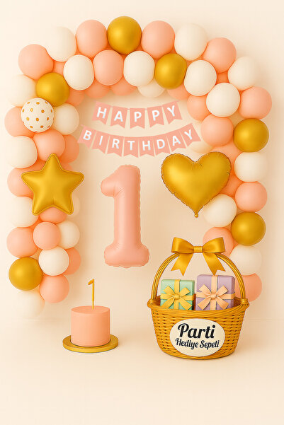 parti hediye sepeti 1 Yaş Doğum Günü Balon Süsleme Seti – Pembe-Beyaz & Gold