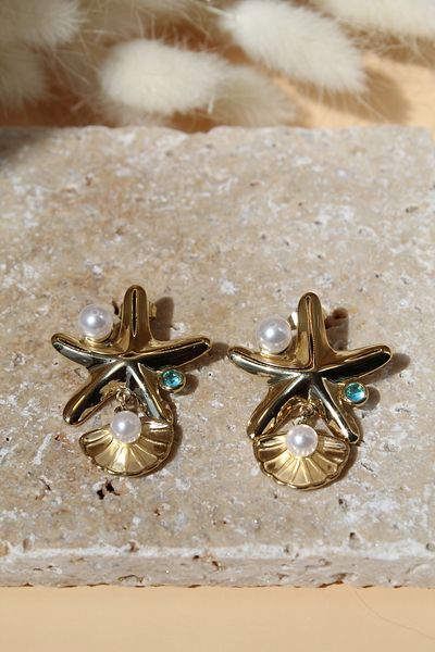 Luvix Design Gold Color Steel Earrings with Pearl and Stone Detailed Starfish Design