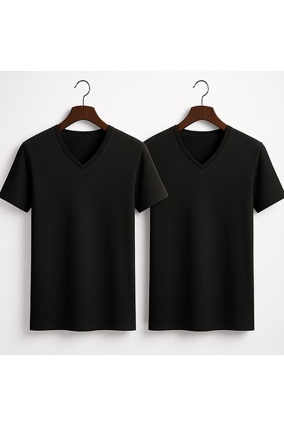 QKK Men's 100% Cotton 2-Piece V-Neck Black Undershirt Undershirt Q2İ1K2L3Kk.2L