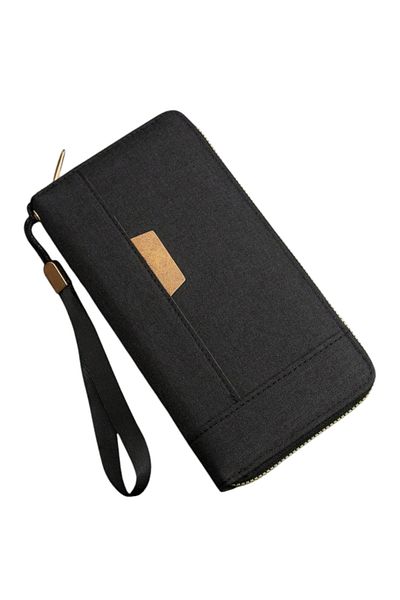 OEM Minimalist Business Wallet Made of Fabric, Unisex, Bifold with Zipper, - Black