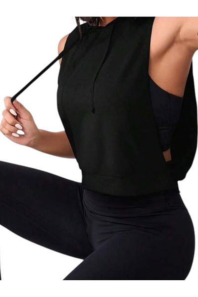 OEM Women's Sports Top / Tank Top with Hood, Sleeveless, Elastic and Comfortable Material, Black - M