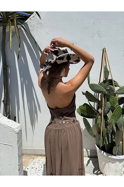 REFİŞ BUTİK VE AKSESUAR Boyundndan Tie Back Linen Long Dress