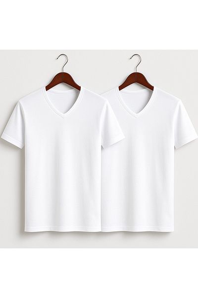QKK Men's 100% Cotton 2-Piece V-Neck White Undershirt Undershirt Q2İ1K2L3Kk.2L