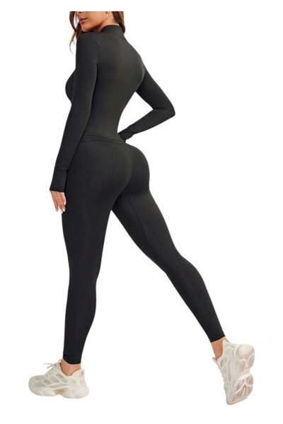 OEM 2 Piece Sports Set, Zipper Jacket and Leggings, Simple and Elegant Design, Black