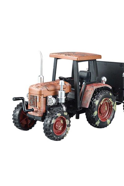 JPT Rusty Tractor Model with Die-Cast Metal Trailer, 1/24 Scale Moving Hood